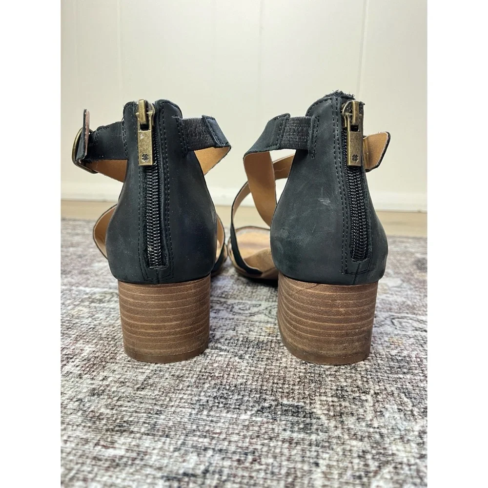 Lucky Brand Pydrina Black Leather Sandals 8.5 M Block Heel Strappy‎ Zipper Back